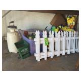 Gardening misc, picket fence panel, fertilizer, sprayer etc...