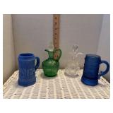 4pcs art glass includes 2 blue glass mugs and 2 glass cruets