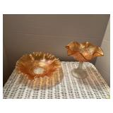 Marigold dragon and lotus pattern carnival glass bowl and heart and vine pattern compote