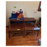 Pair Lane walnut step end tables and matching coffee table