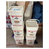 Five containers of dried food supply, white wheat, and brown rice