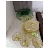 Yellow Depression glass and green console bowl w/frog