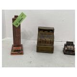 Bankers Trust building bank, tin cash register bank and cash register pencil sharpener