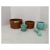 2 nesting brown stoneware bowls, McCoy planter, creamer and spoon rest