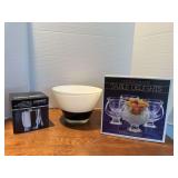 Shrimp cocktail glasses, Hoffritz ice bucket, black and white art glass bowl