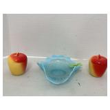 Blue opalscent 3 cornered dish and 2 apple shaped jars