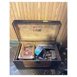 Antique trunk 15 x 26 filled with sewing and crafting magazines