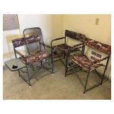 Three camouflage fold up camp chairs with side tables