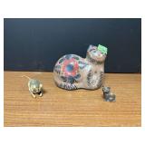 Pottery cat, metal cat and tin wind up cat, missing parts