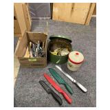 Flour canister, cutlery, kitchen utensils, flatware