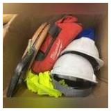Box of hard hats, safety vest, tool bag, line drag etc