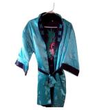 Vintage Blue Silk Kimono Robe with Black Trim and