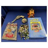 TOMY VINTAGE TOY DOG, TIN NOISEMAKER, GLASS