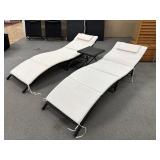 (2) WICKER LOUNGE CHAIRS W/ TABLE & CUSHIONS (76"