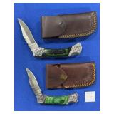 (2) DAMASCUS BLADE POCKET KNIVES W/ LEATHER