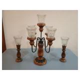 Vintage Wood Candelabra 5 Arms & 2 Candle Sticks