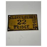 1942 Clarks Ferry Bridge No.22 metal license plate