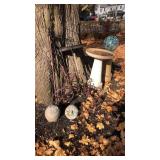 Yard decorations- bird bath, metal flag holders,