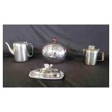 Vtg Silver Butter Dish, Metal 3 Cup Percolator, &