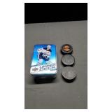 Upper Deck Hockey Tin & 3 Hockey Pucks