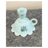 Fenton blue satin candleholder hand painted