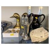 Art Glass Pitchers, Book Ends, Pewter Shakers