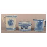 Group of Three Blue and White Glazed Stoneware.