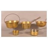 Five Antique Brass Kitchen Pots, Pans and Ladle.