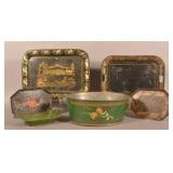 Lot of Tin Tole-Painted Trays & Small Wash Tub.