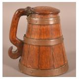 Antique Continental Oak Stave Lidded Tankard.