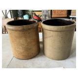 (2) 1 gallon salt glaze crocks, 1 is cracked