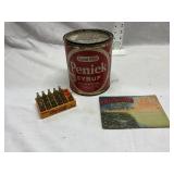 Mini Coca Cola bottles, syrup can & post cards