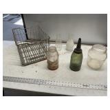 Tri- State dairy crate, oil measure, vintage jars