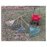 Earthway spreader and yard rakes