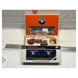 Lionel Trains flatbed car, horse car and log dump