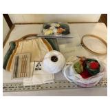 Crochet hooks, yarn, carrying bag etc.