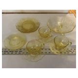 Yellow depression glass plates, bowl,