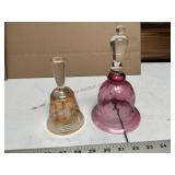 Etched amber glsss bell & cranberry glass bell