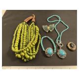 Blue howlite set, green bead necklace and pins