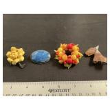 Vintage rose pin, blue stone, fruit (Germany) &