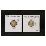 1908D Barber Dime & 1944D Mercury Dime