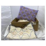 Box of Crocheted Tablecloth & Decorative Pillows