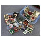 Christmas Ornaments in Boxes in Plastic Tub