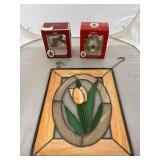 3pc Christmas Ornaments & 12x10 Stained Glass