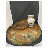 Vase w/Wicker Basket & Leather Table Cover