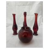 4 Pcs - Ruby Red Glass - Vases