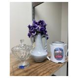 3 Pcs - Candy Bowl w/Lid - Metal Pitcher & Vase