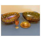 Amber Carnival Glass Footed Bowls, Goblet & Cup