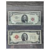 Red Seal 2 Dollar Bill & 5 Dollar Bill