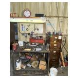 Worktable, Filing Cabinet, Vise, Tools etc